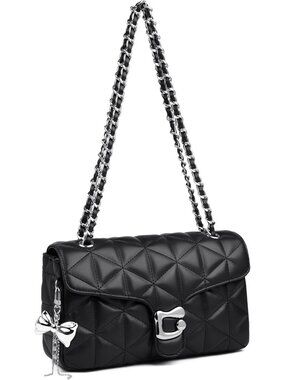 Women's Black Quilted Crossbody Bag Vegan Leather Chain Shoulder Purse